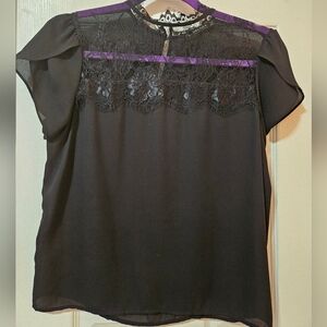 Zara Black and Purple Embellished Blouse with Mandarin Collar